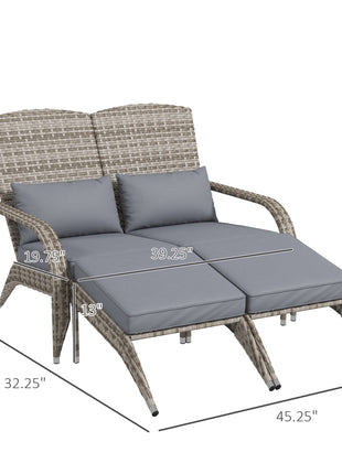 Wicker Adirondack Chair for 2 with Cushions & Footrests, PE Rattan Double Chaise Lounge Chair, Fire Pit Chair for Porch with Wide Armrests, High-back, Gray