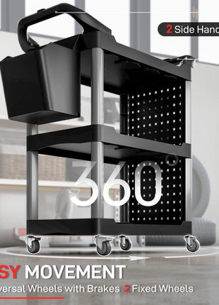 3-Tier Rolling Tool Cart, 200 LBS Capacity Plastic Utility Cart with Side Shelf and Bucket, Black and Light Gray