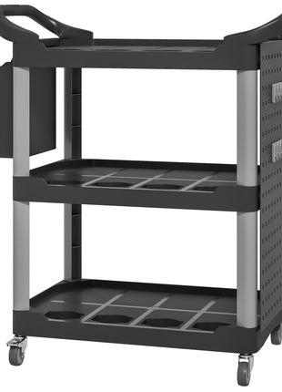 3-Tier Rolling Tool Cart, 200 LBS Capacity Plastic Utility Cart with Side Shelf and Bucket, Black and Light Gray