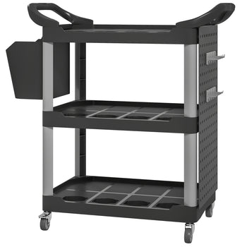 3-Tier Rolling Tool Cart, 200 LBS Capacity Plastic Utility Cart with Side Shelf and Bucket, Black and Light Gray