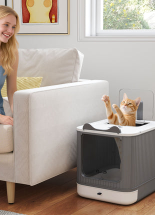 Cat Litter Box with Lid, Enclosed Litter Box for Medium Cats, Front-Entry and Top-Exit, Scoop, Deodorizer Bag, White