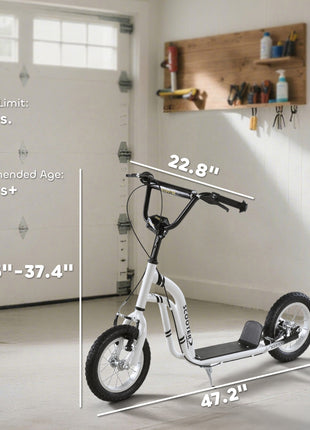 Youth Scooter Front and Rear Caliper Dual Brakes 12-Inch Inflatable Front Wheel Ride On Toy For Age 5+ - White
