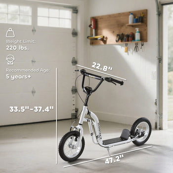 Youth Scooter Front and Rear Caliper Dual Brakes 12-Inch Inflatable Front Wheel Ride On Toy For Age 5+ - White