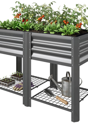 Raised Garden Bed Galvanized Steel, Elevated Planter Box with Storage Shelf, Bed Liner, 31.5" High, Dark Gray