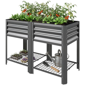 Raised Garden Bed Galvanized Steel, Elevated Planter Box with Storage Shelf, Bed Liner, 31.5" High, Dark Gray