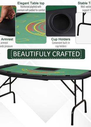 Poker Table Foldable, 72" Blackjack Table for 7 Players with Chip & Cup Holder, Green Felt