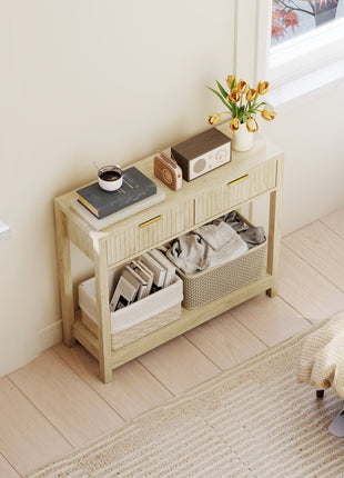 35" Console Table with Storage, Narrow Entryway Table with Fluted Panel Drawers and Shelf for Hallway, Natural