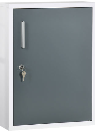 Bathroom Medicine Cabinet with Shelves Inside & On Door, Locking Medical Cabinet for Child & Pet Safety, First Aid Bathroom Wall Cabinet, White and Gray