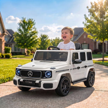 Licensed Mercedes-Benz G580 12V Kids Ride On Car with Remote, Soft Start, Headlights, Seat Belt, Music, USB, Horn, White