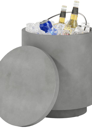 2.6 Gal Outdoor Side Table, 3-In-1 Concrete Cooler Bar Table with Storage, Removable Ice Bucket and Lid, Gray