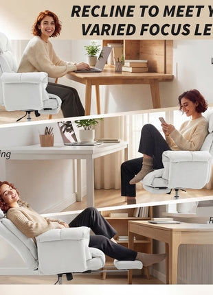 High Back Office Chair, Reclining Desk Chair with Footrest, High Resilience Foam, Rolling Wheels, Cream White