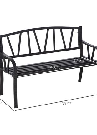 50" Outdoor Bench, Metal Garden Bench with V-Shaped Pattern Backrest, Porch Bench with Slatted Seat for Park, Yard, Lawn, Black