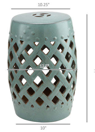13" x 18" Ceramic Garden Stool with Woven Lattice Design & Glazed Strong Materials Decorative End Table, Antique Blue