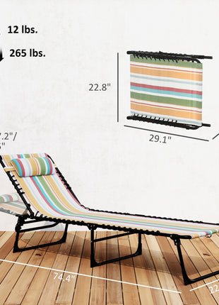 Folding Chaise Lounge Pool Chair with 4-Position Reclining Back, Pillow, Breathable Mesh & Bungee Seat, Rainbow Striped