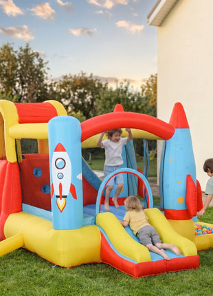 Kids Bounce House, 4-in-1 Rocket Inflatable Water Slide Jumping Castle with 2 Slides, Climbing Wall, Trampoline, & Water Pool Area, Air Blower