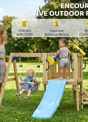 Swing Set for Backyard, Wooden Toddler Outdoor Playset with Baby Swing Seat, Kids Slide, Fort, Playground Equipment with Captain's Wheel, Telescope for Ages 1.5-4, Natural