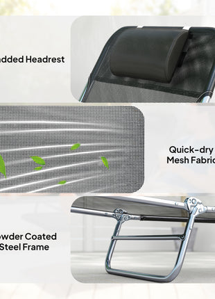 2 Piece Sun Loungers, Folding Chaise Lounge Chairs with Reclining Back, Breathable Mesh Seat, Headrest, Black