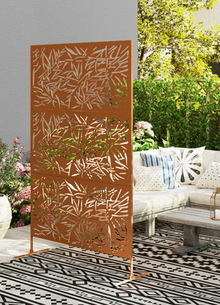 Decorative Privacy Fence Screen, Metal Outdoor Privacy Screen Climbing Plant Trellis with Stand, Bamboo Brown