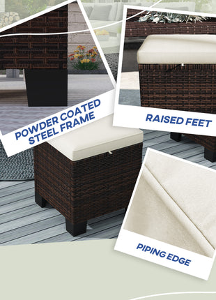 2 Piece Wicker Outdoor Ottomans with Cushions, Rattan Ottoman Footrest and Side Table for Patio, Yard, Poolside, Beige