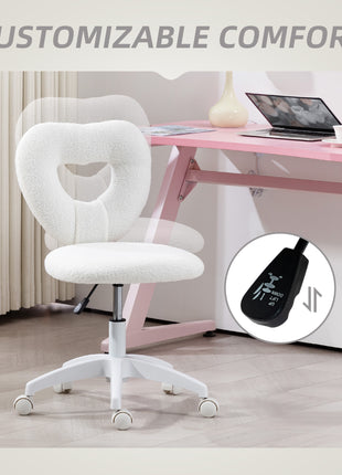 Armless Computer Desk Chair, Office Task Chair, Teddy Fleece Heart Makeup Vanity Chair with Swivel Wheels, White