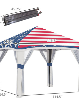 10' x 10' Pop Up Canopy Tent with Netting, Instant Tents for Parties, Height Adjustable, with Wheeled Carry Bag and 4 Sand Bags for Outdoor, Garden, Patio, American Flag