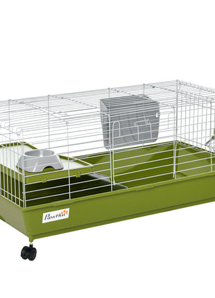 35"L Small Animal Cage, Rolling Bunny Cage, Guinea Pig Cage with Food Dish, Water Bottle, Hay Feeder, Platform, Ramp for Chinchilla, Green