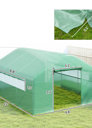 13' x 10' x 6.5' Tunnel Greenhouse Hoop House with Upgraded Galvanized Steel Frame and Large Windows, Green
