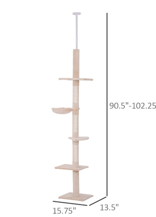 102" Adjustable Height Floor to Ceiling Cat Tree, 5 Level Cat Tower with Scratching Posts, Hammock, Beige