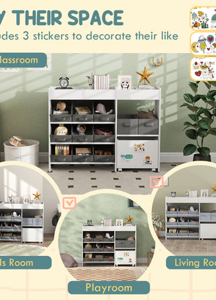 Kids Toy Storage Organizer with 11 Bins, Moveable Cabinet, Top Shelves, 3 Stickers, for Nursery, Playroom, White