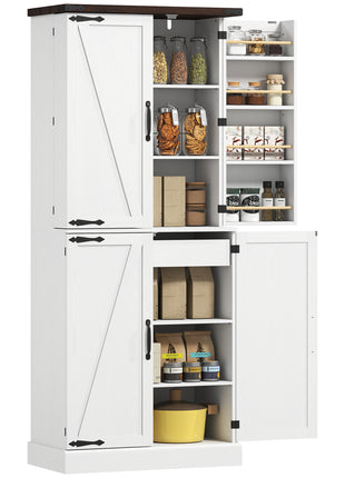 72" Tall Kitchen Pantry Cabinet, Farmhouse Storage Cabinet with 8 Door Racks and Adjustable Shelves, White