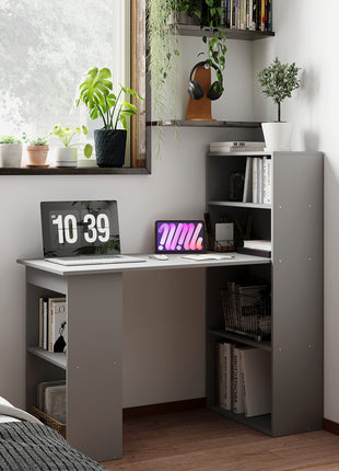 Compact Computer Desk with 6-Tier Storage Shelves, Writing Table Workstation with Bookshelf for Home Office, Gray