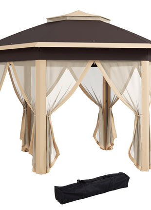 13' x 13' Pop Up Gazebo Hexagonal Canopy Shelter with 6 Zippered Mesh Netting for Patio, Backyard, Garden, Wedding, Party, Beige