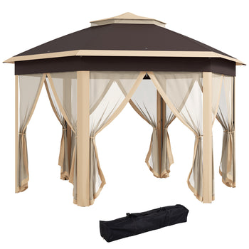 13' x 13' Pop Up Gazebo Hexagonal Canopy Shelter with 6 Zippered Mesh Netting for Patio, Backyard, Garden, Wedding, Party, Beige