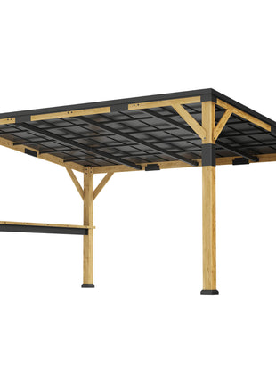 10' x 14' Wooden Gazebo, Hardtop Lean-to Gazebo Pergola with Galvanized Steel Sloped Roof, Bar Shelf, Natural Wood