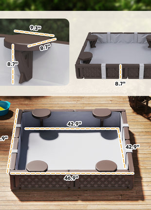 Kids Sandbox with Cover, 4 Corner Seats, Bottom Liner for Backyard, Garden, Outdoor, 47" x 47" x 9", Dark Brown