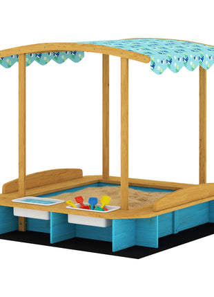 Wooden Sandbox with Dinosaur Print Canopy Kids Sandbox Outdoor with Bench Seats & 2 Storage Bins