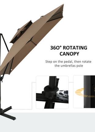 10ft Offset Patio Umbrella with Base, Double Top Hanging Aluminum Cantilever Umbrella with 360-degree Rotation, Easy Tilt, 8 Ribs, Crank, Cross Base, Cover, Strap, Coffee