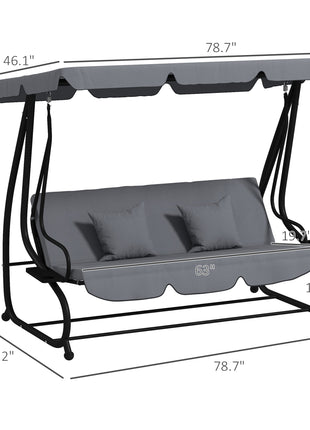 Free Standing Swing Bench, Porch Swing with Stand, Adjustable Canopy, Cushion and Pillows, Dark Gray