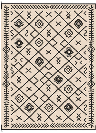 Reversible Outdoor Rug, Waterproof Plastic Straw with Carry Bag, 9' x 12', Black & Beige Rhombus