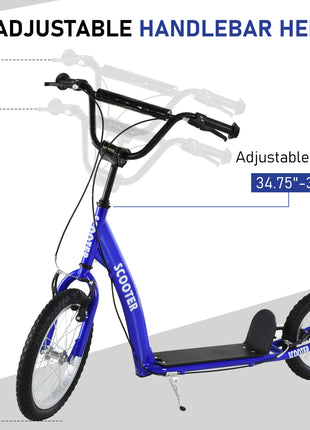 Youth Scooter Kick Scooter for Kids 5+ with Adjustable Handlebar 16" Front and 12" Rear Dual Brakes Inflatable Wheels, Blue
