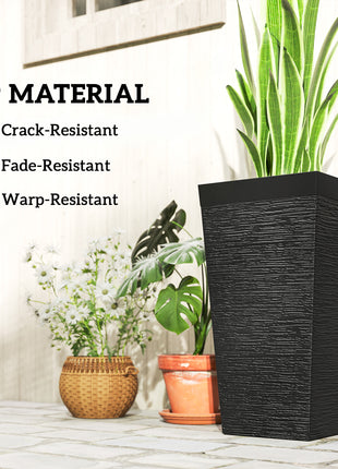 22.8 Inch Set of 3 Outdoor Planters with Stone Finish and Wheels, Stackable Tapered Planters with Drainage Hole, Black