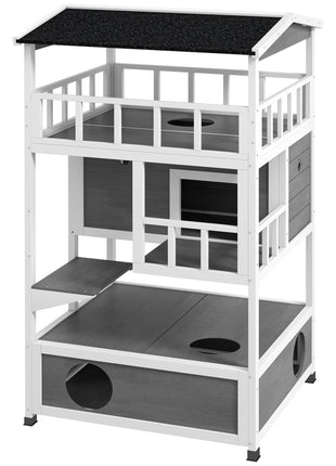 Wooden Outdoor Cat House with Asphalt Roof, Escape Doors, Condo, Jumping Platform, Light Gray