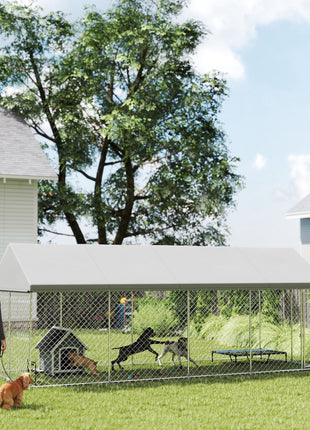 Heavy Duty Outdoor Dog Kennel with Waterproof Roof, Secure Latch, Chain Link Dog Run for Backyard, 20' x 7.5' x 8'