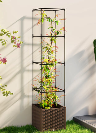 Raised Garden Bed with Trellis, Tomato Cage with Lockable Wheels, Self Watering Planter Box with Drainage Holes, Brown