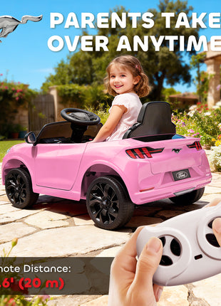 12V Kids Ride On Car, Licensed Ford Mustang Mach-E Electric Car with Remote Control, LED Light, Music, Pink
