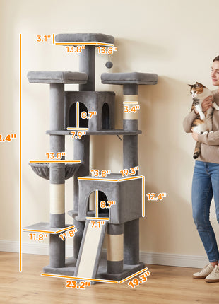 72" Cat Tree, Large Cat Tower with 2 Condos, 3 Padded Beds, Hammock, 3 Scratching Posts and Ladder