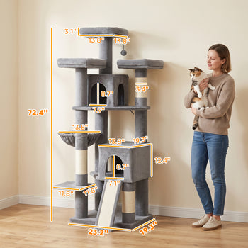 72" Cat Tree, Large Cat Tower with 2 Condos, 3 Padded Beds, Hammock, 3 Scratching Posts and Ladder