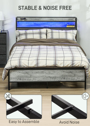 Full Bed Frame with Storage Upholstered Headboard, Full Size Bed Frame with LED Lights, Charging Station, Cement Gray