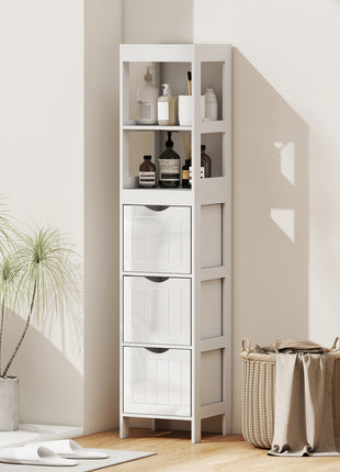 Narrow Bathroom Storage Cabinet, Bathroom Cabinet with 3 Drawers & 2 Open Shelves, Slim Bathroom Floor Cabinet, White