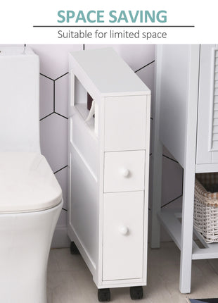 6.25" x 20.5" x 28.25" Wood Rolling Narrow Bathroom Side Storage Cabinet - White